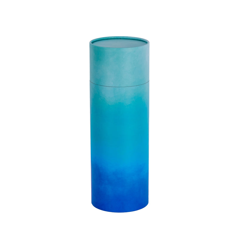A large scatter tube with a blue cascade painting design