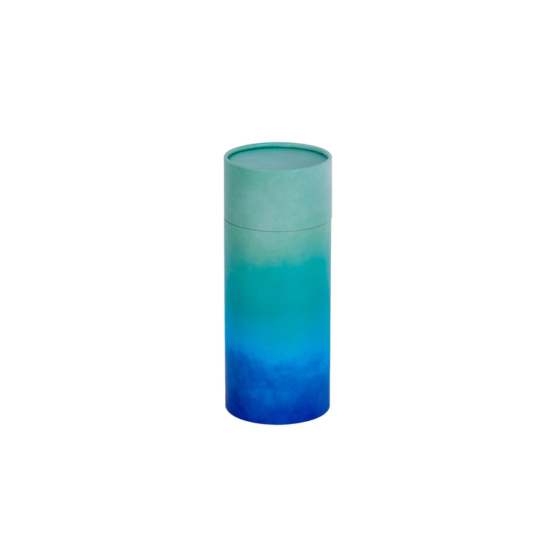 A medium scatter tube with a blue cascade painting design