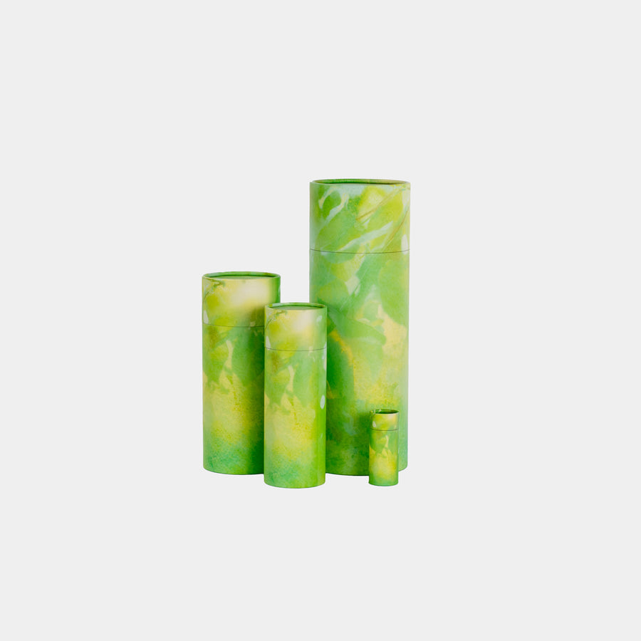 A group of green verdant design scatter tubes showing, keepsake, small, medium and large sizes 