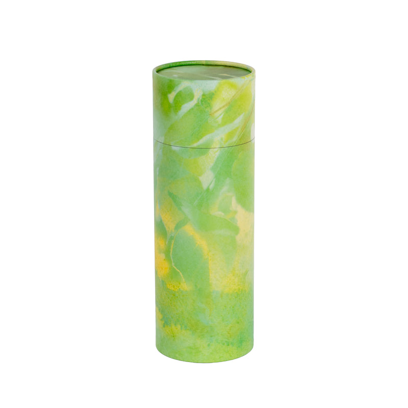 Large scatter tube with a green verdant design showing a mottled green shaded leaf design