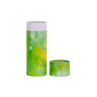 Large scatter tube showing the lid removed with a green verdant design showing a mottled green shaded leaf design