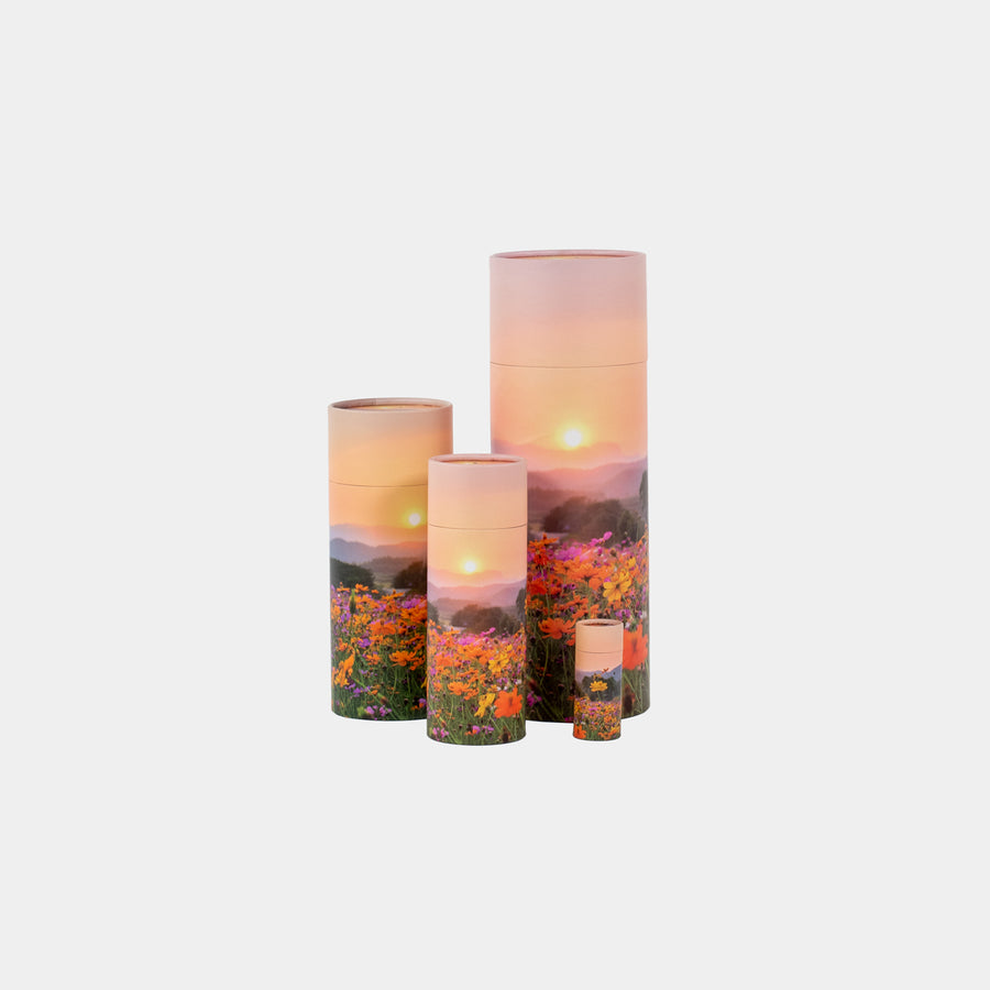 A group of meadow design scatter tubes showing, keepsake, small, medium and large sizes 