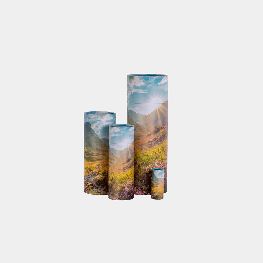 A group of mountains design scatter tubes showing, keepsake, small, medium and large sizes 