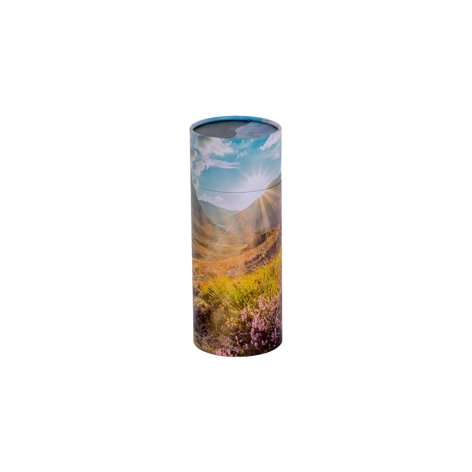 A medium scatter tube with a mountains design